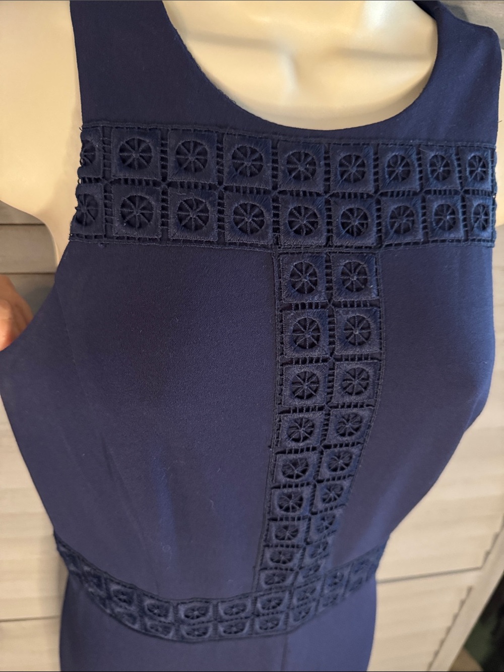 MARINA Navy Sleeveless Wide-Leg Jumpsuit with Embroidered Insets Sz 8
